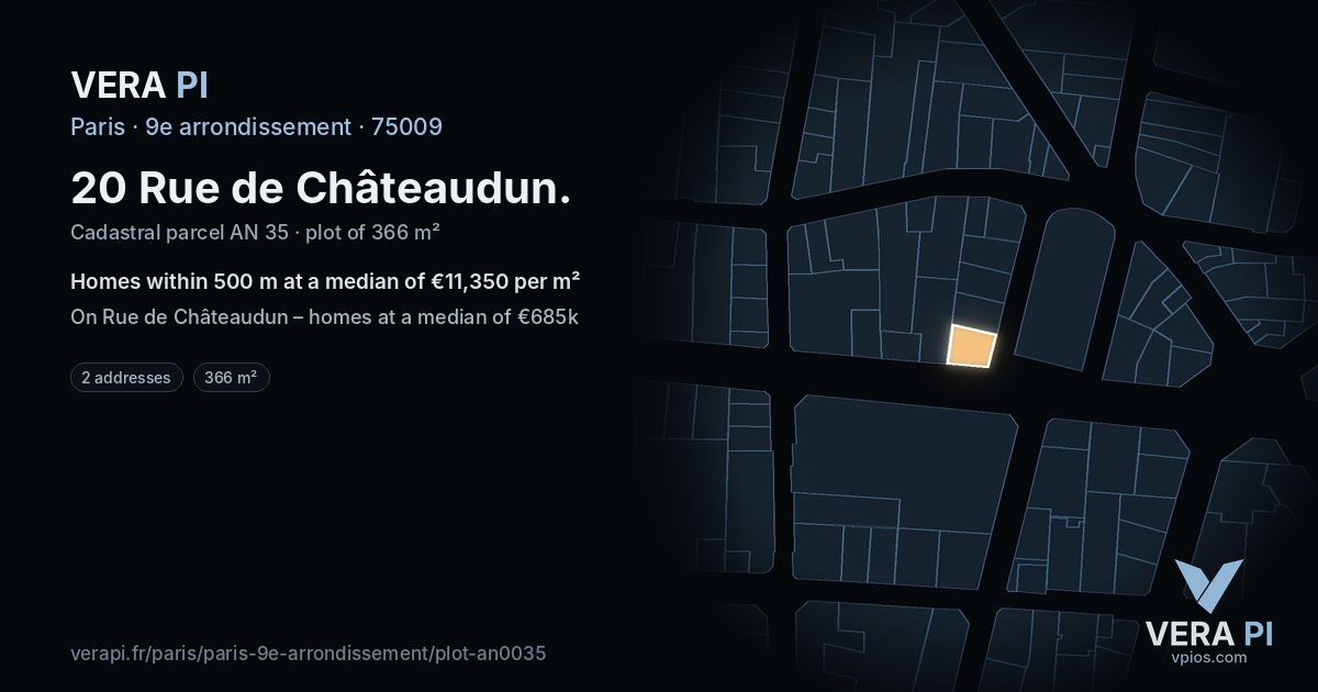 20 Rue de Châteaudun, 9e arrondissement at night – the plot lit, the parcels around coloured by the prices near them