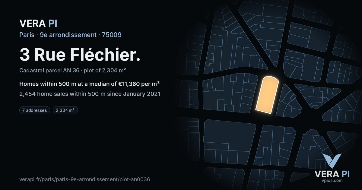 3 Rue Fléchier, 9e arrondissement at night – the plot lit, the parcels around coloured by the prices near them
