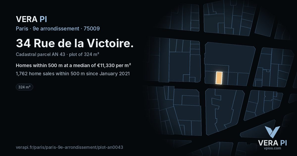 34 Rue de la Victoire, 9e arrondissement at night – the plot lit, the parcels around coloured by the prices near them