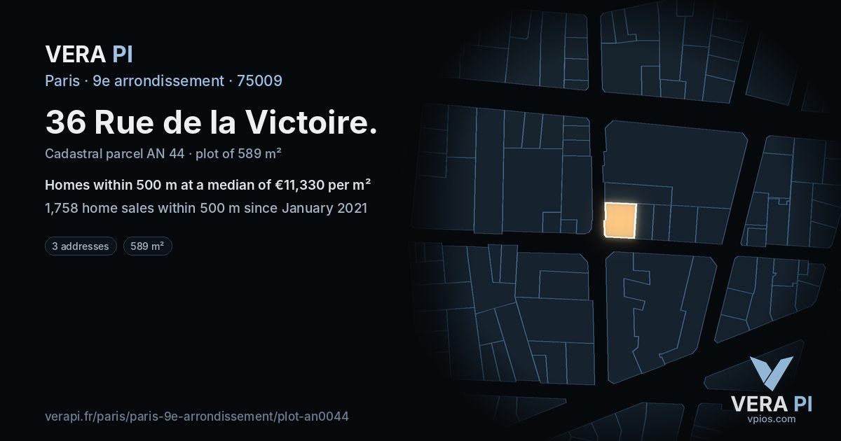 36 Rue de la Victoire, 9e arrondissement at night – the plot lit, the parcels around coloured by the prices near them