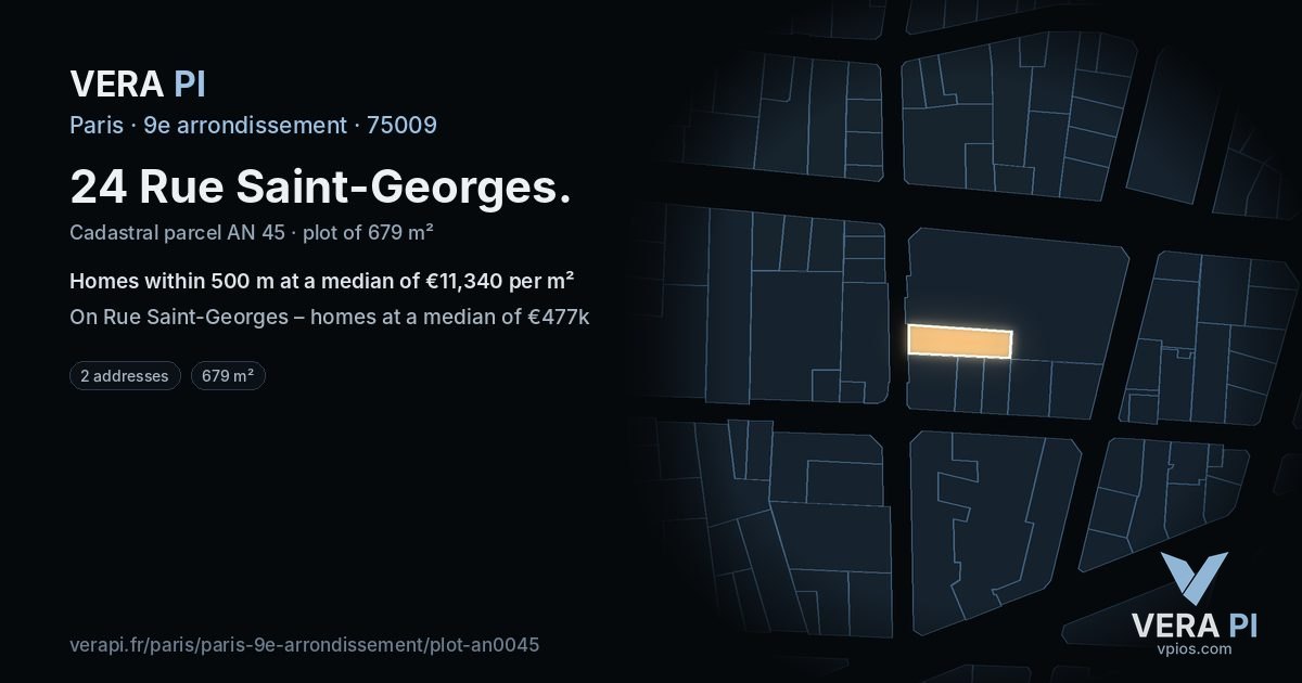 24 Rue Saint-Georges, 9e arrondissement at night – the plot lit, the parcels around coloured by the prices near them