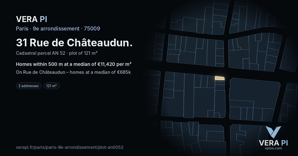 31 Rue de Châteaudun, 9e arrondissement at night – the plot lit, the parcels around coloured by the prices near them