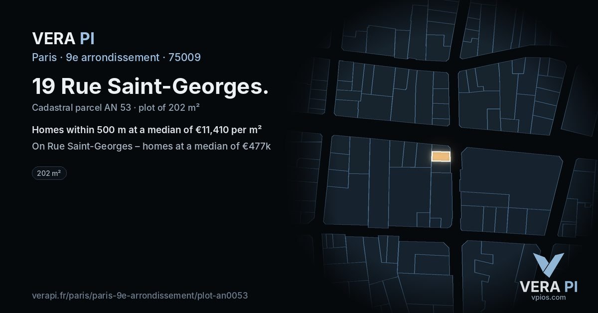 19 Rue Saint-Georges, 9e arrondissement at night – the plot lit, the parcels around coloured by the prices near them