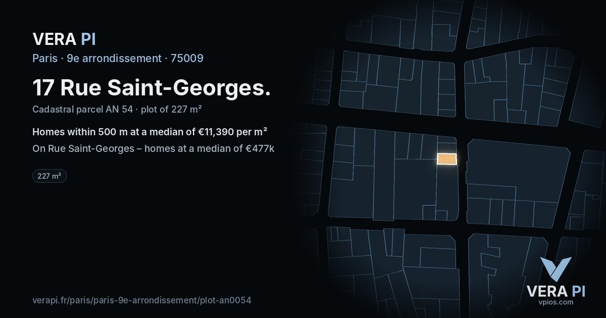 17 Rue Saint-Georges, 9e arrondissement at night – the plot lit, the parcels around coloured by the prices near them