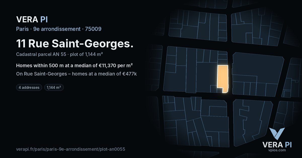 11 Rue Saint-Georges, 9e arrondissement at night – the plot lit, the parcels around coloured by the prices near them