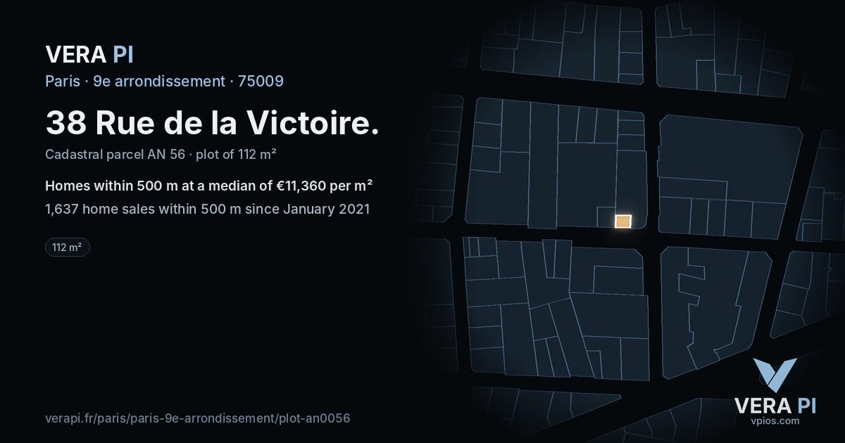 38 Rue de la Victoire, 9e arrondissement at night – the plot lit, the parcels around coloured by the prices near them