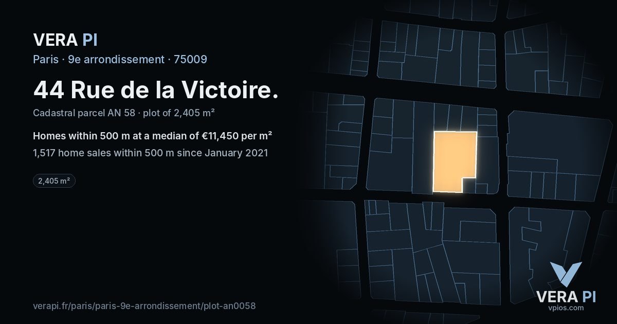 44 Rue de la Victoire, 9e arrondissement at night – the plot lit, the parcels around coloured by the prices near them