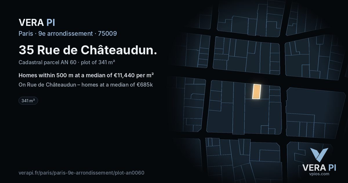 35 Rue de Châteaudun, 9e arrondissement at night – the plot lit, the parcels around coloured by the prices near them