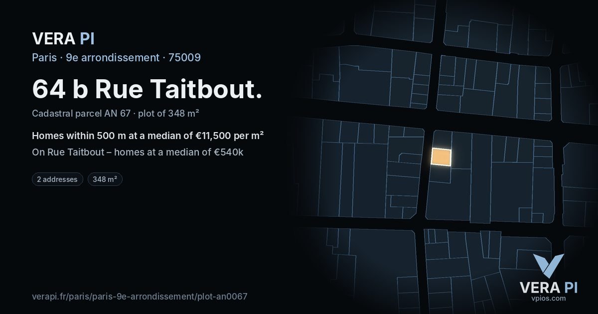 64 b Rue Taitbout, 9e arrondissement at night – the plot lit, the parcels around coloured by the prices near them