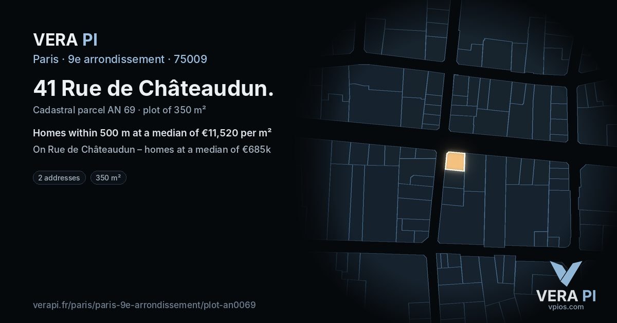 41 Rue de Châteaudun, 9e arrondissement at night – the plot lit, the parcels around coloured by the prices near them