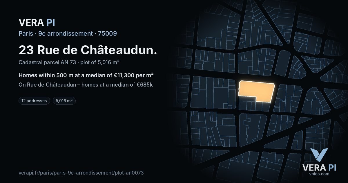23 Rue de Châteaudun, 9e arrondissement at night – the plot lit, the parcels around coloured by the prices near them