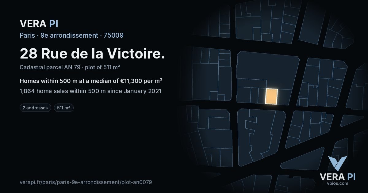 28 Rue de la Victoire, 9e arrondissement at night – the plot lit, the parcels around coloured by the prices near them