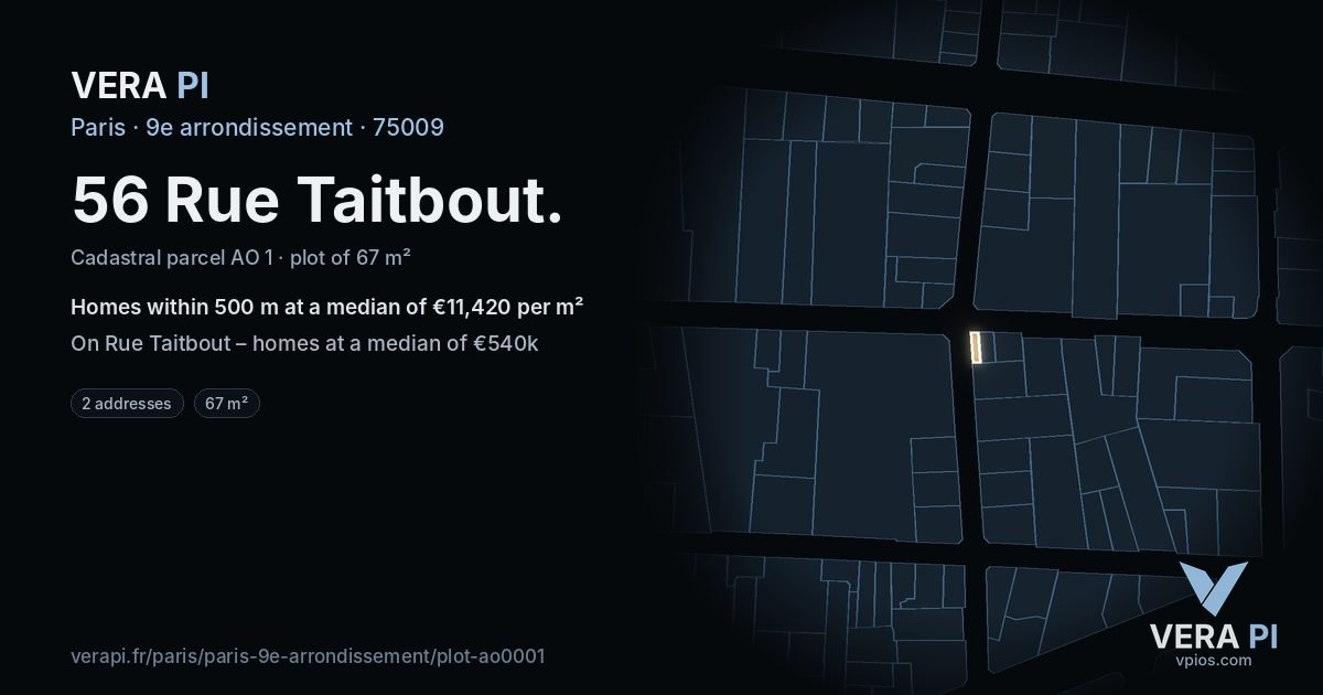 56 Rue Taitbout, 9e arrondissement at night – the plot lit, the parcels around coloured by the prices near them