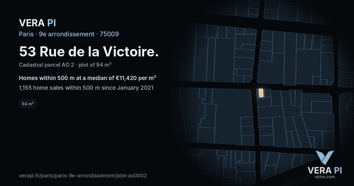 53 Rue de la Victoire, 9e arrondissement at night – the plot lit, the parcels around coloured by the prices near them