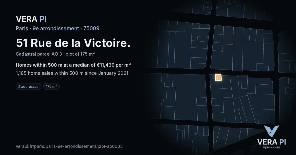 51 Rue de la Victoire, 9e arrondissement at night – the plot lit, the parcels around coloured by the prices near them
