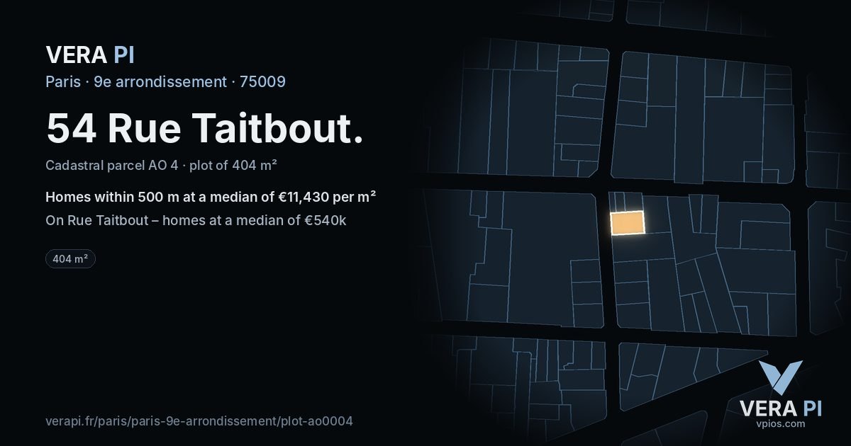 54 Rue Taitbout, 9e arrondissement at night – the plot lit, the parcels around coloured by the prices near them