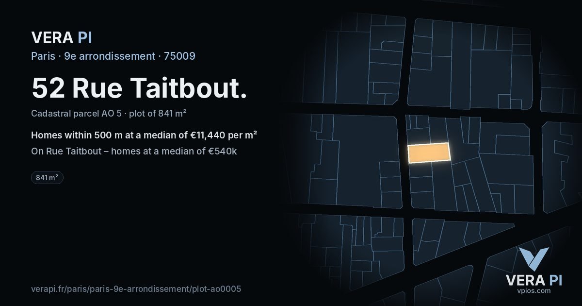52 Rue Taitbout, 9e arrondissement at night – the plot lit, the parcels around coloured by the prices near them