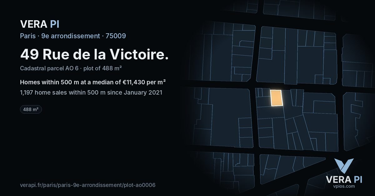 49 Rue de la Victoire, 9e arrondissement at night – the plot lit, the parcels around coloured by the prices near them