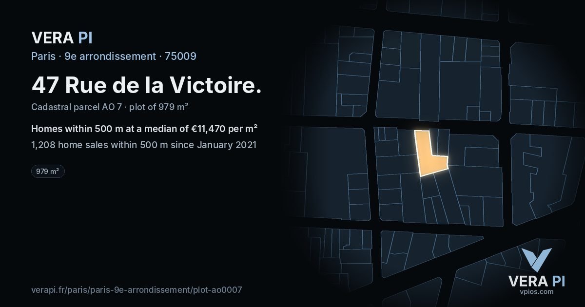 47 Rue de la Victoire, 9e arrondissement at night – the plot lit, the parcels around coloured by the prices near them