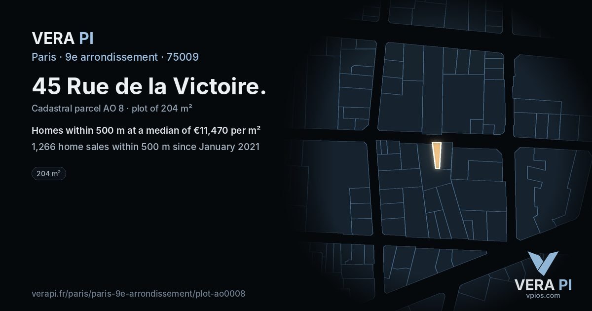 45 Rue de la Victoire, 9e arrondissement at night – the plot lit, the parcels around coloured by the prices near them