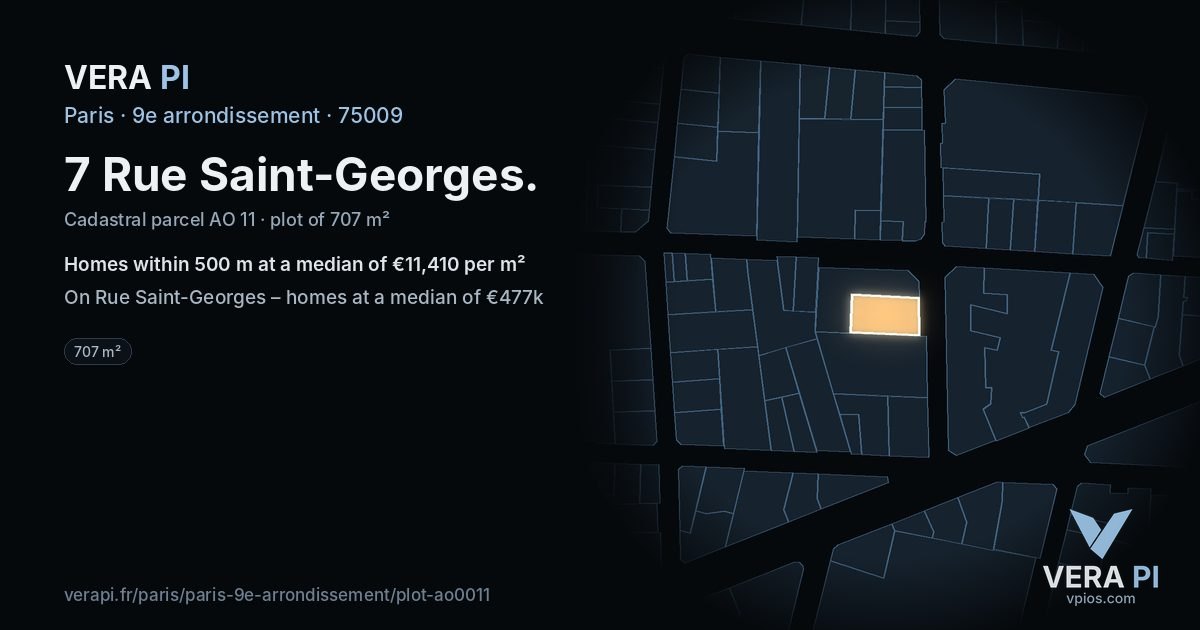 7 Rue Saint-Georges, 9e arrondissement at night – the plot lit, the parcels around coloured by the prices near them