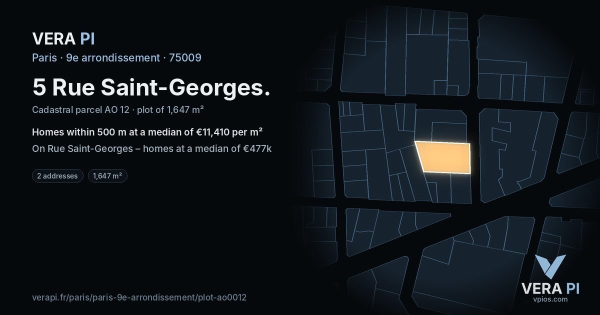5 Rue Saint-Georges, 9e arrondissement at night – the plot lit, the parcels around coloured by the prices near them