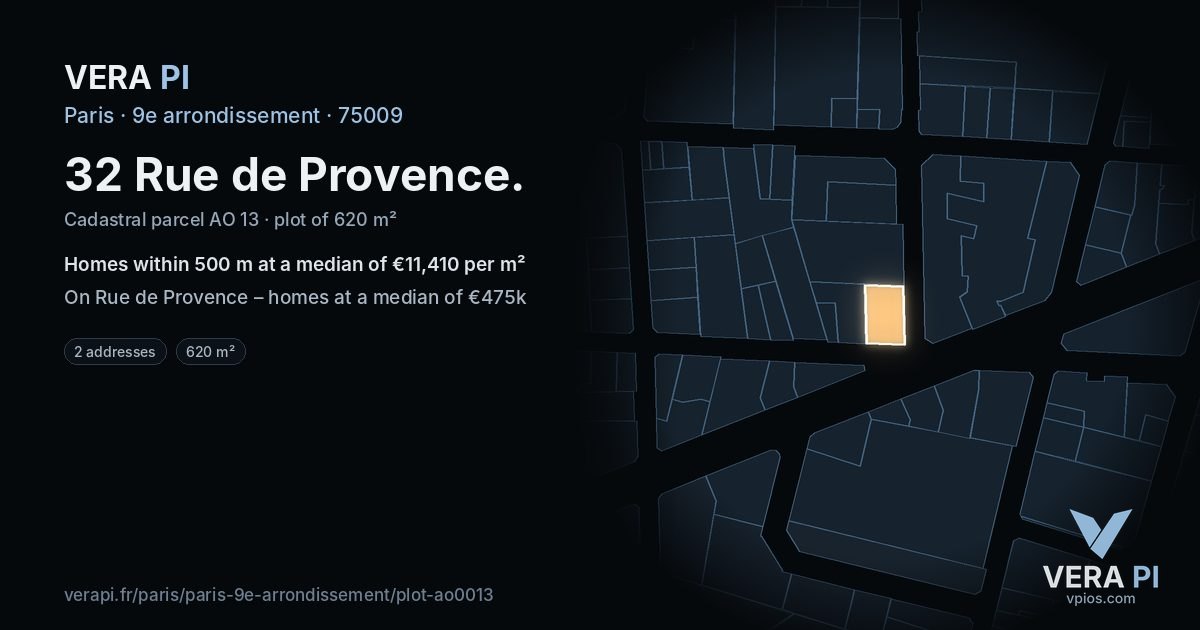 32 Rue de Provence, 9e arrondissement at night – the plot lit, the parcels around coloured by the prices near them