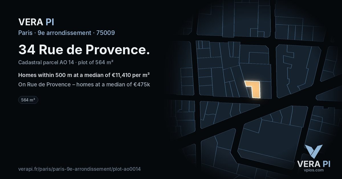 34 Rue de Provence, 9e arrondissement at night – the plot lit, the parcels around coloured by the prices near them