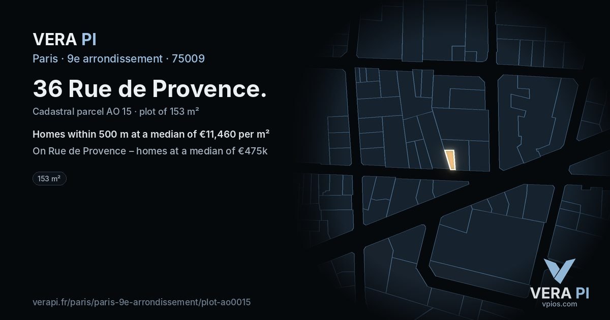 36 Rue de Provence, 9e arrondissement at night – the plot lit, the parcels around coloured by the prices near them