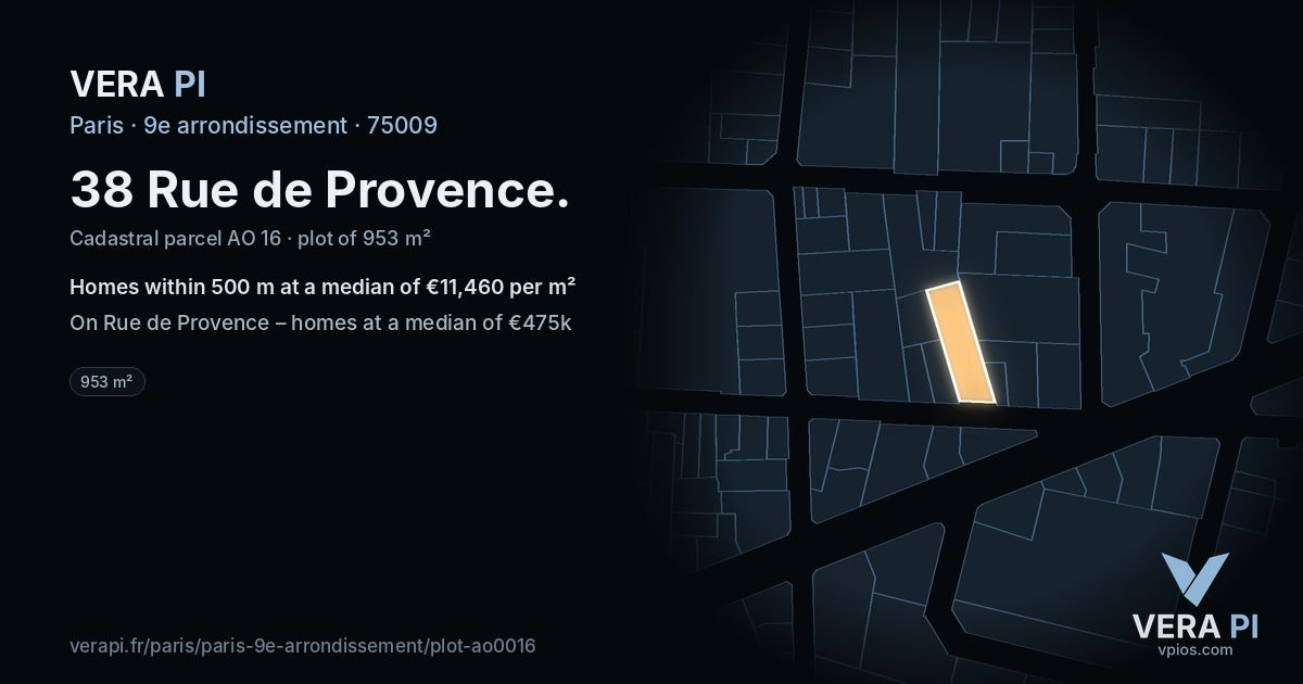 38 Rue de Provence, 9e arrondissement at night – the plot lit, the parcels around coloured by the prices near them