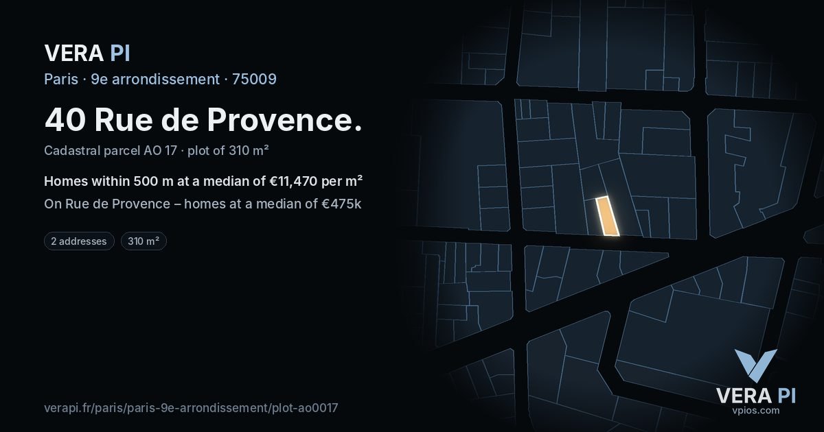 40 Rue de Provence, 9e arrondissement at night – the plot lit, the parcels around coloured by the prices near them
