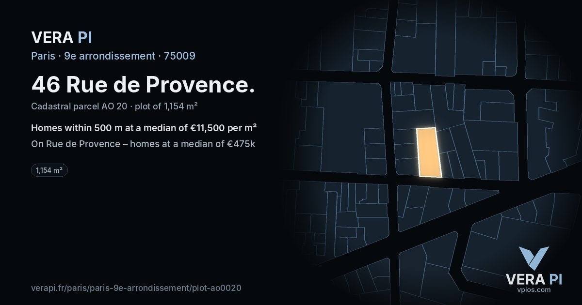46 Rue de Provence, 9e arrondissement at night – the plot lit, the parcels around coloured by the prices near them