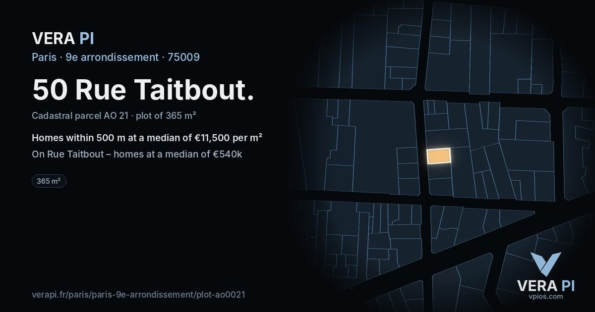 50 Rue Taitbout, 9e arrondissement at night – the plot lit, the parcels around coloured by the prices near them