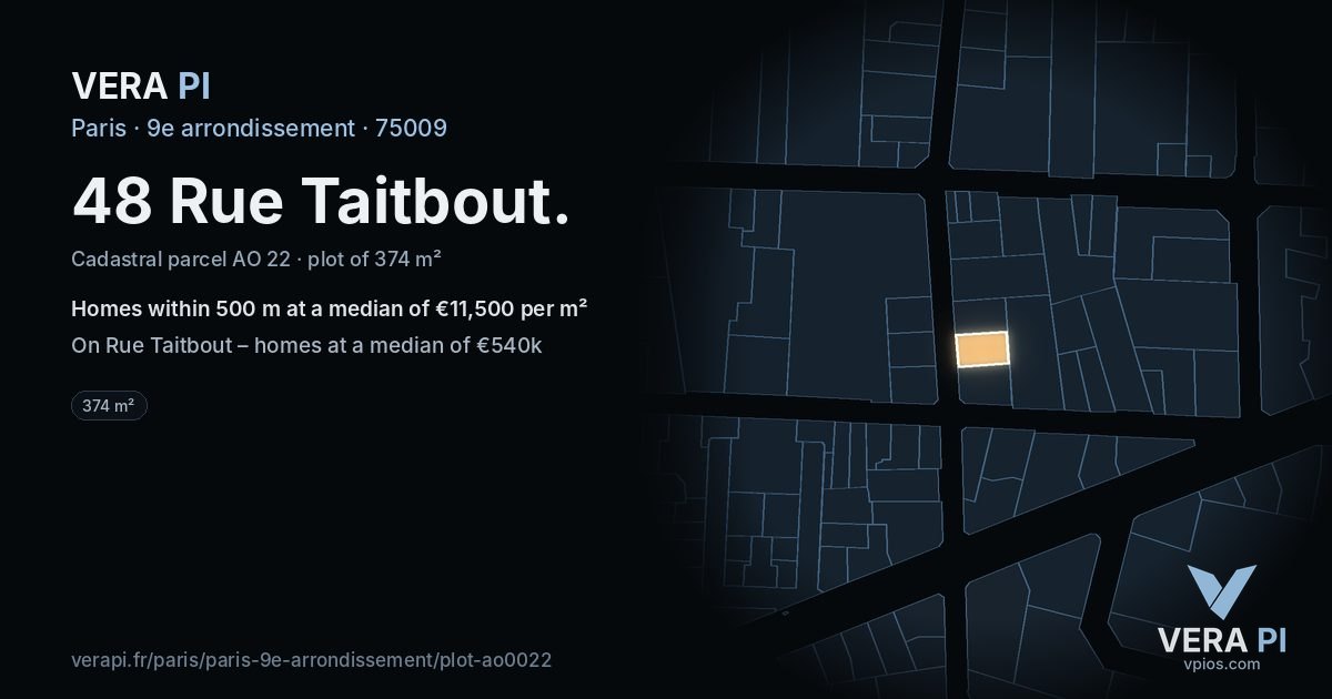48 Rue Taitbout, 9e arrondissement at night – the plot lit, the parcels around coloured by the prices near them