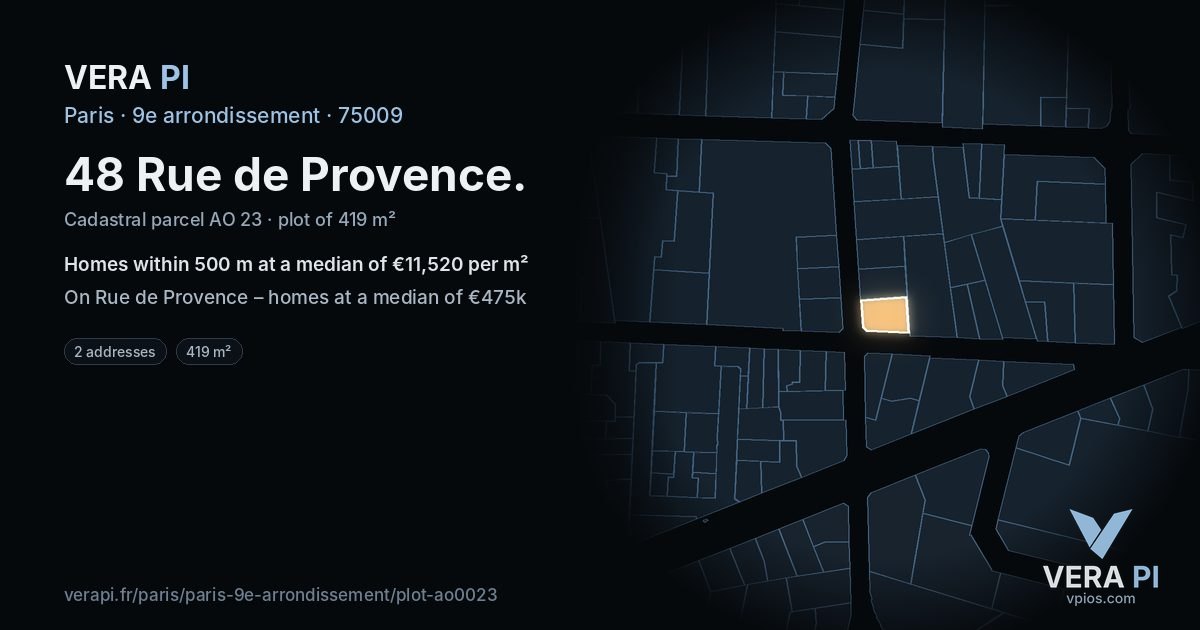 48 Rue de Provence, 9e arrondissement at night – the plot lit, the parcels around coloured by the prices near them