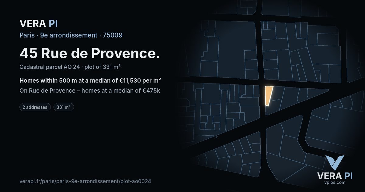45 Rue de Provence, 9e arrondissement at night – the plot lit, the parcels around coloured by the prices near them