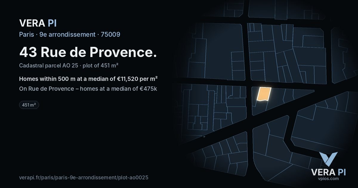 43 Rue de Provence, 9e arrondissement at night – the plot lit, the parcels around coloured by the prices near them