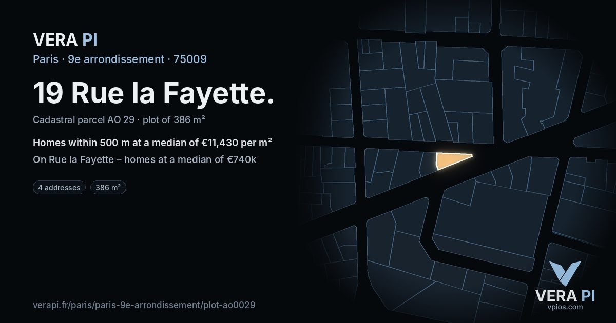19 Rue la Fayette, 9e arrondissement at night – the plot lit, the parcels around coloured by the prices near them