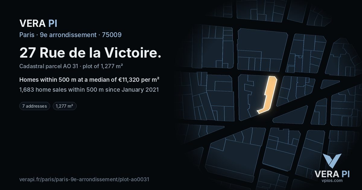 27 Rue de la Victoire, 9e arrondissement at night – the plot lit, the parcels around coloured by the prices near them