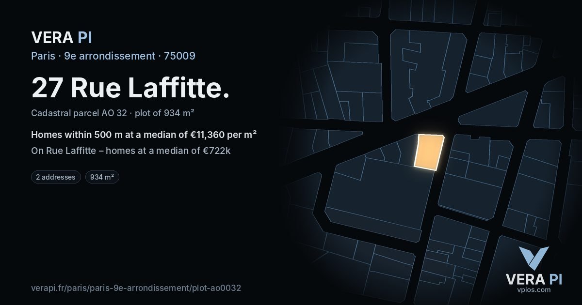 27 Rue Laffitte, 9e arrondissement at night – the plot lit, the parcels around coloured by the prices near them