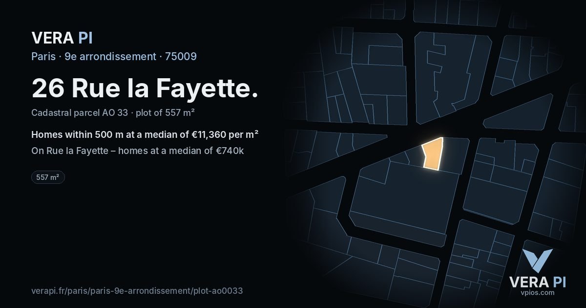 26 Rue la Fayette, 9e arrondissement at night – the plot lit, the parcels around coloured by the prices near them
