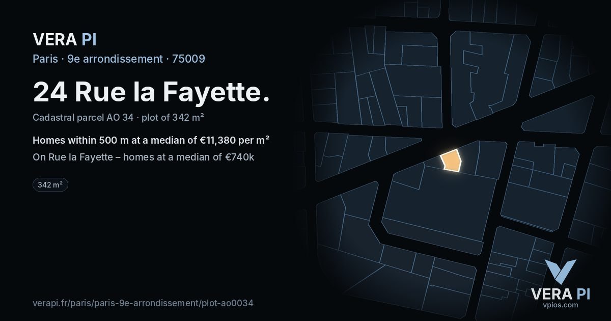 24 Rue la Fayette, 9e arrondissement at night – the plot lit, the parcels around coloured by the prices near them