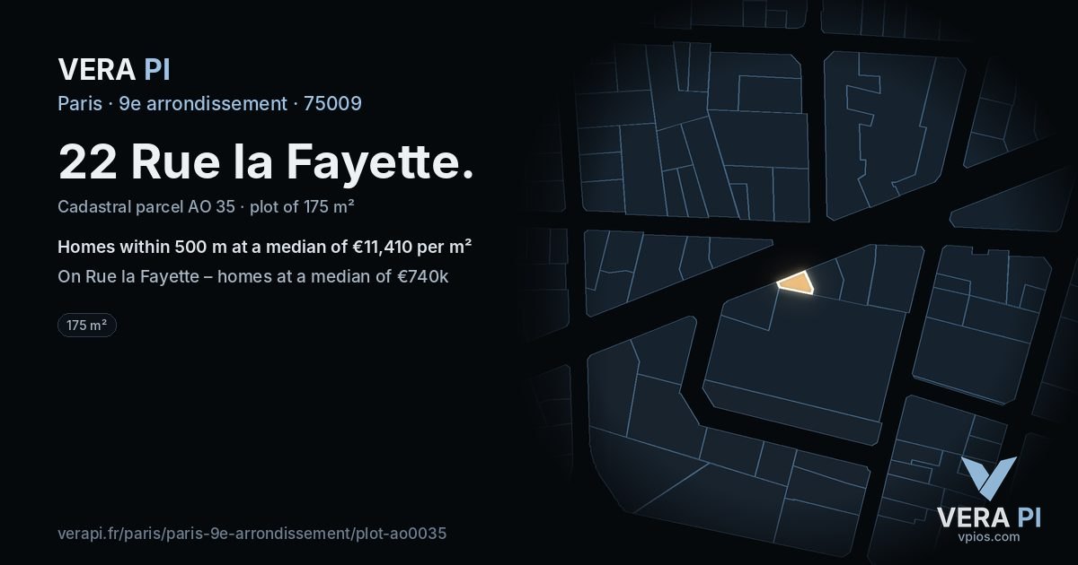 22 Rue la Fayette, 9e arrondissement at night – the plot lit, the parcels around coloured by the prices near them