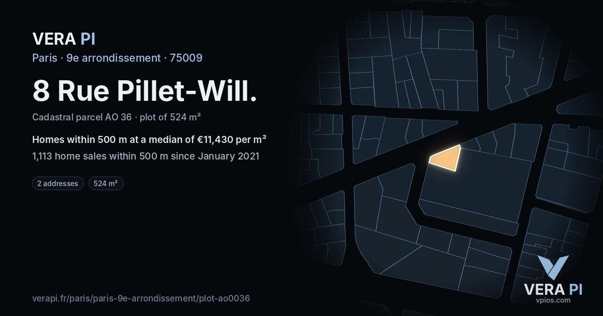 8 Rue Pillet-Will, 9e arrondissement at night – the plot lit, the parcels around coloured by the prices near them