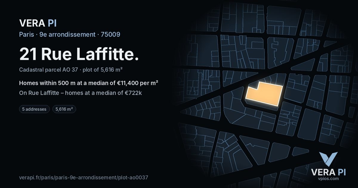 21 Rue Laffitte, 9e arrondissement at night – the plot lit, the parcels around coloured by the prices near them