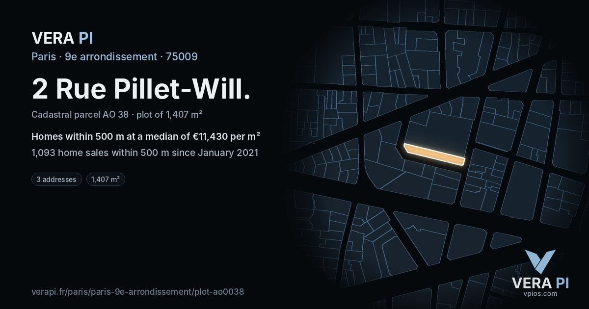 2 Rue Pillet-Will, 9e arrondissement at night – the plot lit, the parcels around coloured by the prices near them