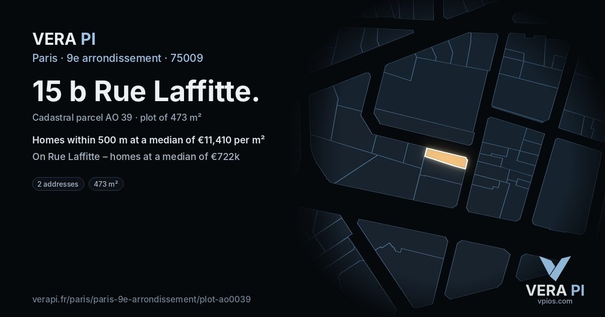 15 b Rue Laffitte, 9e arrondissement at night – the plot lit, the parcels around coloured by the prices near them