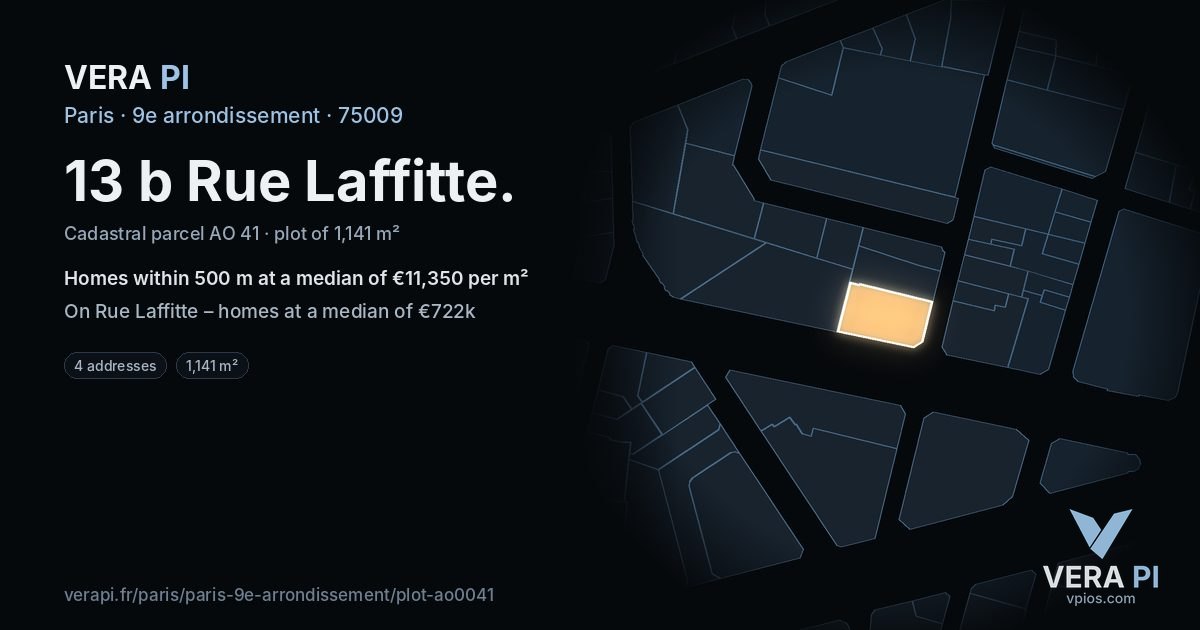13 b Rue Laffitte, 9e arrondissement at night – the plot lit, the parcels around coloured by the prices near them