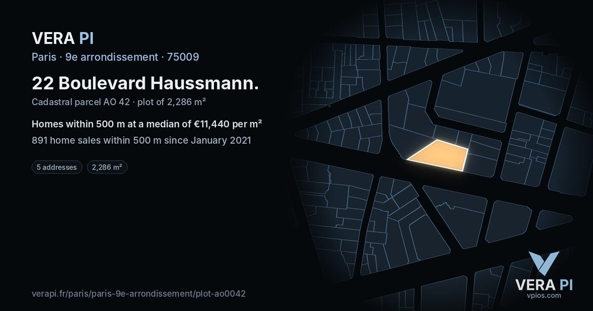 22 Boulevard Haussmann, 9e arrondissement at night – the plot lit, the parcels around coloured by the prices near them
