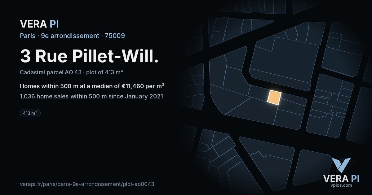 3 Rue Pillet-Will, 9e arrondissement at night – the plot lit, the parcels around coloured by the prices near them
